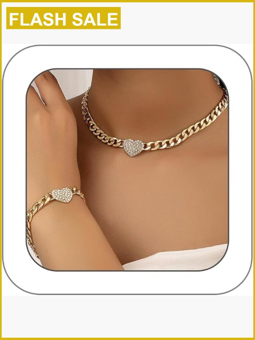 Crystal Heart Necklace Bracelet Set, Cubic Zirconia Love Choker Cuban Link